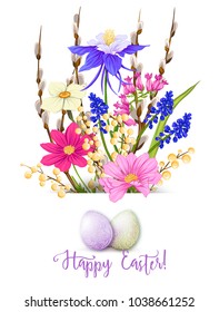 A bouquet of spring flowers, decorated with Easter eggs and the inscription Happy Easter!  Stock vector illustration Isolated on white background.