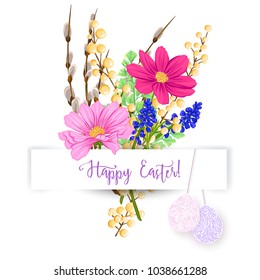 A bouquet of spring flowers, decorated with Easter eggs and the inscription Happy Easter!  Stock vector illustration Isolated on white background.