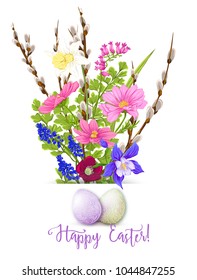 A bouquet of spring flowers, decorated with Easter eggs and the inscription Happy Easter!  Stock vector illustration Isolated on white background.