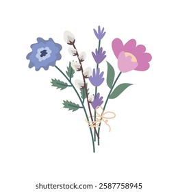 Bouquet of spring flowers of different shapes and colors. Vector illustration of a willow branch in a bouquet tied with a ribbon, flat style hand drawn. Ideal for design, stickers, greeting cards