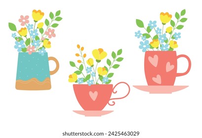 Bouquet of spring flowers in different tea cups. Set of spring stickers. Springtime concept.