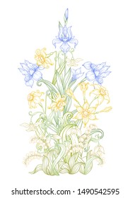 A bouquet of spring flowers. Element for design. Vector illustration. In art nouveau style, vintage, old, retro style. Isolated on white background.	