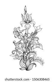 A bouquet of spring flowers. Element for design. Outline hand drawing vector illustration. In art nouveau style, vintage, old, retro style. Isolated on white background.	