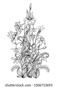 A bouquet of spring flowers. Element for design. Outline hand drawing vector illustration. In art nouveau style, vintage, old, retro style. Isolated on white background.	