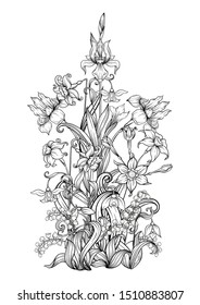 A bouquet of spring flowers. Element for design. Outline hand drawing vector illustration. In art nouveau style, vintage, old, retro style. Isolated on white background.	