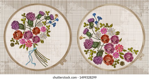 Bouquet of spring flowers. Embroidery collection. Template tambour frame with a canvas, elements from stitches. Art for clothes