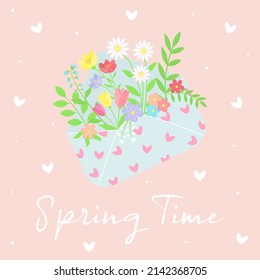 Bouquet of spring flowers in an envelope. Spring time text. Flower mail. Greeting card.