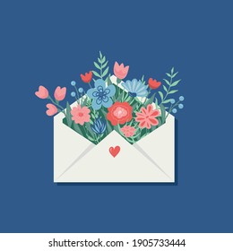 Bouquet of spring flowers in the envelope. Vector greeting card.