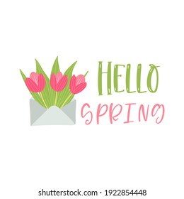 Bouquet of spring flowers in the envelope. Vector hello srping greeting card