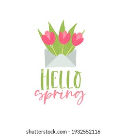 Bouquet of spring flowers in the envelope. Vector hello srping greeting card