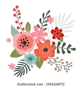 A bouquet of spring flowers and floral elements for your design on a white background. Hand-drawn.