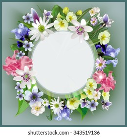 bouquet of spring flowers of forest in an elegant frame for design flyers, greeting cards, napkins and dr.ve?tor version