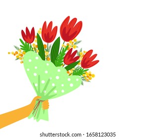 Bouquet of spring flowers in hand. Women's day, mother's day card template. Vector illustration, eps10