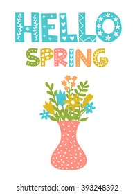 Bouquet of spring flowers and hand-draw lettering HELLO SPRING. Vector illustration.