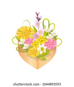 Bouquet of spring flowers in heart shape decorative box with daffodils, anemone blossoms, sakura branches and camellia vector illustration isolated