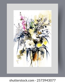Bouquet spring flowers and herbs in transparent vase with water on wall art. Watercolor artwork. Print with summer flowers and flowering plants collected in clearing, in frame with decor for poster