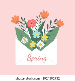 Bouquet de flores primaverales dentro del sobre. Tarjeta de saludo vectorial.Hello spring.Vector ilustración