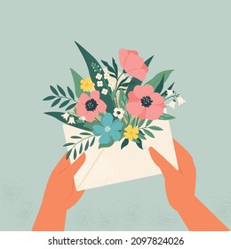Bouquet Of Spring Flowers Inside The Envelope And Other Decor Elements In The Hands. Flat Design. Paper Cut Style. Hand Drawn Trendy Vector Greeting Card. 