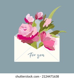 Bouquet de flores primaverales dentro del sobre y frase para ti. Carta de amor. Tarjeta de saludo vectorial de moda dibujada a mano