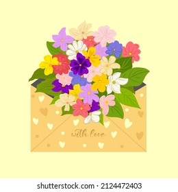 Bouquet of spring flowers inside the envelope and phrase with love. Love letter. Hand drawn trendy vector greeting card