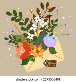 Bouquet de flores primaverales dentro del sobre y otros elementos decorativos. Diseño plano. Estilo de corte de papel. Tarjeta de saludo vectorial de moda dibujada a mano.