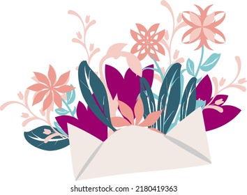 Bouquet mit Frühlingsblumen im Umschlag und anderen Dekoelementen. Flaches Design. Papierschnitt-Stil. Handgezeichnete, trendige Vektorgrußkarte.