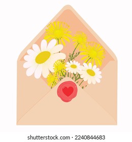 Bouquet of spring flowers inside the envelope and other decor elements. Vector stock illustration. Paper cut style.  greeting card.