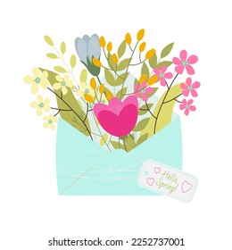 Bouquet of spring flowers inside the envelope with text Hello spring. Flat design. Hand drawn trendy vector greeting card.