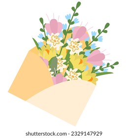 Bouquet of spring flowers inside the envelope .Envelope with flowers. Hand drawn vector greeting card.
