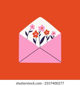 Bouquet of spring flowers inside the envelope. Cartoon floral composition with blooming petals for postcard design, greeting card with flower bouquet. Vector illustration.