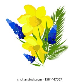Bouquet of spring flowers isolated on white background. Vector illustration. Tulips, daffodils and twigs of palm trees. Isolated element for creating postcards.