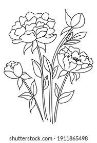 Bouquet Of Spring Flowers Isolated On White Background. Outline Drawing, Line Art, Coloring Book.