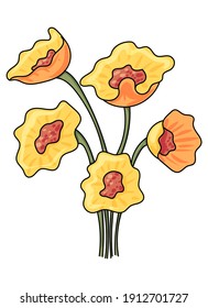 Bouquet of spring flowers isolated on white background. Outline drawing, line art, colored drawing