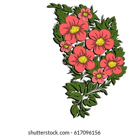 Bouquet of spring flowers. Large, red buds and green leaves. A bunch of flowers. Black outline. Freehand sketch. Bright illustration on a white background.