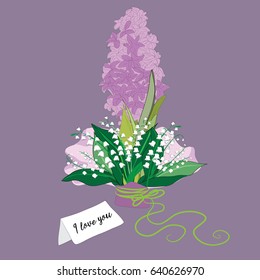 Bouquet of spring flowers with I love you greeting card. Vector illustration on light green background. Happy Valentine's Day! quote