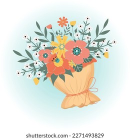 Bouquet of spring flowers on blue background. Design for Valentines Day, Womans Day, Mothers Day, birthday