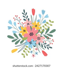 Bouquet of spring flowers on a white background. Flat design. Vector illustration for greeting card, banner, poster.