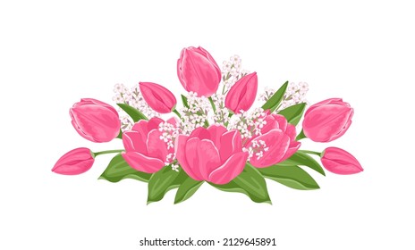 Bouquet of spring flowers. Pink tulips isolated on white background. Vector cartoon flat illustration.