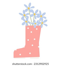 Bouquet of spring flowers, in a rubber boot isolated on a white background. Spring floral design for postcard.