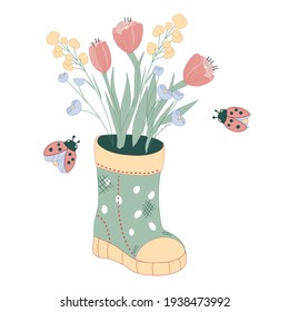 Bouquet of spring flowers rubber boots, flat vector illustration isolated on white background. Spring or summer image and print of flowers in boots with flying ladybugs.