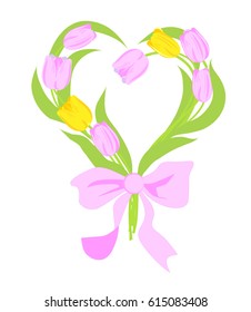 Bouquet of spring flowers in the shape of heart, pink and yellow tulips, vector illustration
