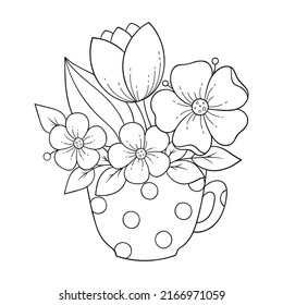 Bouquet of spring flowers in a tea cup. Coloring antistress for adults and children. Doodle ornament in black and white. Hand draw vector illustration.