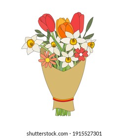 Bouquet of spring flowers tulips and daffodils. Vector Illustration