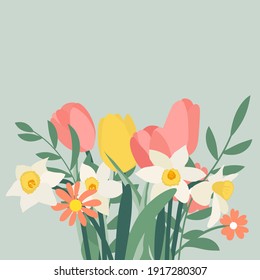 Bouquet of spring flowers tulips and daffodils. Vector Illustration svg