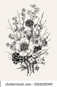 Bouquet. Spring Flowers and twig. Peonies, Spirea, Cherry Blossom, Dogwood. Vintage botanical illustration. Black and white