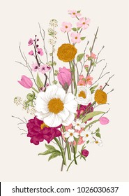 Bouquet. Spring Flowers and twig. Peonies, Spirea, Cherry Blossom, Dogwood. Vintage botanical illustration. Colorful