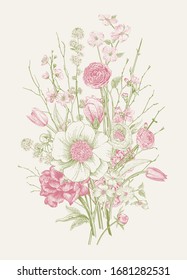 Bouquet. Spring Flowers and twig. Peonies, Spirea, Cherry Blossom, Dogwood. Vintage botanical illustration. Pink and green