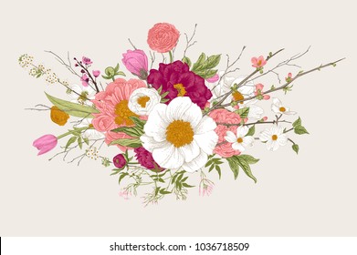 Bouquet. Spring Flowers and twigs. Peonies, Spirea, Cherry Blossom, Dogwood. Vintage botanical illustration. Colorful