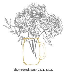 Bouquet. Spring Flowers and twigs. Peonies, Hydrangea, Rose. Vintage botanical illustration. Black and white set of drawing cornflowers, floral elements, hand drawn botanical illustration