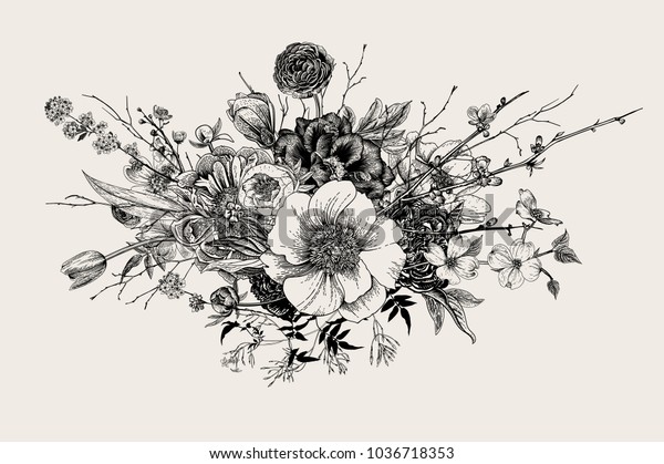 ブーケ 春の花と小枝 牡丹 スピレア 桜 ドッグウッド ビンテージの植物イラスト 白黒 のベクター画像素材 ロイヤリティフリー Shutterstock